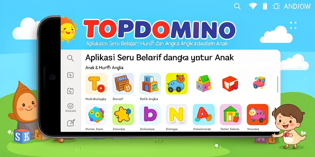 Tampilan antarmuka TOPDOMINO untuk belajar huruf dan angka yang interaktif.